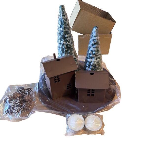 CHRISTMAS Candle Gift Set / Rustic Cabin Luminaries With Pine Forest Candles New - Picture 1 of 9